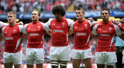 04.06.11 - Wales v Barbarians - DHL Challenge - Lloyd Burns, Morgan Stoddart, Toby Faletau Tavis Knoyle and Gavin Henson of Wales line up for the national anthems. 