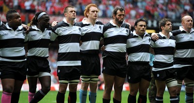 04.06.11 - Wales v Barbarians - DHL Challenge - Mathieu Bastareaud, Paul Sackey, Joe Van Niekerk, Paul Tito, Carl Hayman, Sebastien Bruno, Sebastien Tillous-Borde and Martyn Williams of Barbarians line up for the national anthems. 