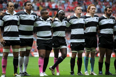 04.06.11 - Wales v Barbarians - DHL Challenge - Sergio Parisse, Iosefa Tekori, Mathieu Bastareaud, Paul Sackey, Joe Van Niekerk, Paul Tito and Carl Hayman of Barbarians line up for the national anthems. 