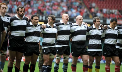 04.06.11 - Wales v Barbarians - DHL Challenge - Paul Tito, Carl Hayman, Sebastien Bruno, Sebastien Tillous-Borde, Martyn Williams, Iestyn Thomas, Brock James and Doug Howlett of Barbarians line up for the national anthems. 