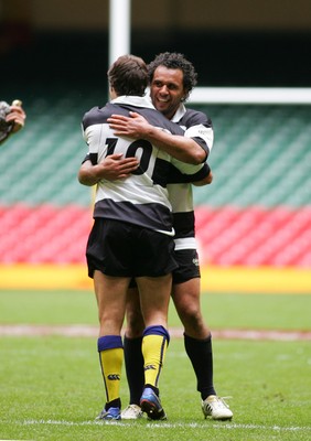 04.06.11 Wales v The Barbarians - DHL Challenge WRU 130th Anniversary Match - Barbarians' match winner Isa Nacewa & Brock James(10) celebrate at the final whistle. 