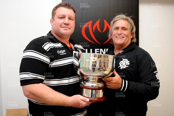 04.06.11 - Wales v Barbarians - DHL Challenge - Barbarians head coach Dai Young and his assistant Scott Johnson with the winners trophy in the changing rooms. 
