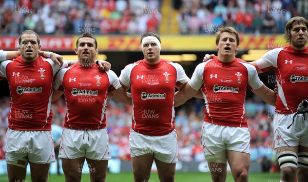 04.06.11 - Wales v Barbarians - DHL Challenge - Paul James, Huw Bennett, Ryan Bevington, Jonathan Davies and Ryan Jones of Wales line up for the national anthems. 
