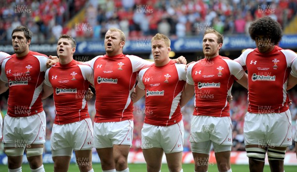 04.06.11 - Wales v Barbarians - DHL Challenge - Josh Turnbull, Scott Williams, Scott Andrews, Lloyd Burns, Morgan Stoddart and Toby Faletau of Wales line up for the national anthems. 