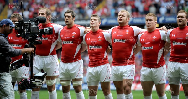 04.06.11 - Wales v Barbarians - DHL Challenge - Josh Turnbull, Scott Williams, Scott Andrews, Lloyd Burns and Morgan Stoddart of Wales line up for the national anthems. 