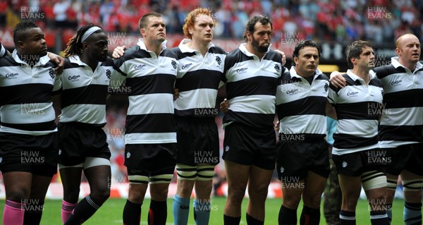 04.06.11 - Wales v Barbarians - DHL Challenge - Mathieu Bastareaud, Paul Sackey, Joe Van Niekerk, Paul Tito, Carl Hayman, Sebastien Bruno, Sebastien Tillous-Borde and Martyn Williams of Barbarians line up for the national anthems. 