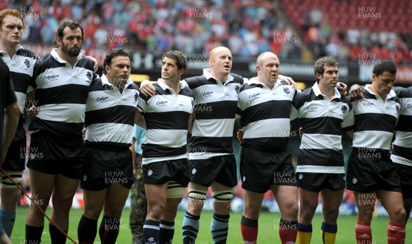 04.06.11 - Wales v Barbarians - DHL Challenge - Paul Tito, Carl Hayman, Sebastien Bruno, Sebastien Tillous-Borde, Martyn Williams, Iestyn Thomas, Brock James and Doug Howlett of Barbarians line up for the national anthems. 
