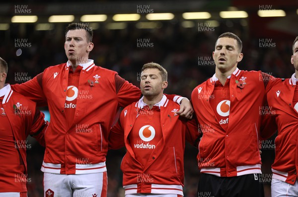 041123 - Wales v Barbarians - Adam Beard, Leigh Halfpenny and George North sing the anthem