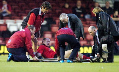 26-05-04. Wales v Barbarians. ASHTON GATE BRISTOL.  Wales' Gareth Thomas is stretchered off the field.  
