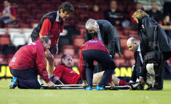 26-05-04. Wales v Barbarians. ASHTON GATE BRISTOL.  Wales' Gareth Thomas is stretchered off the field.  