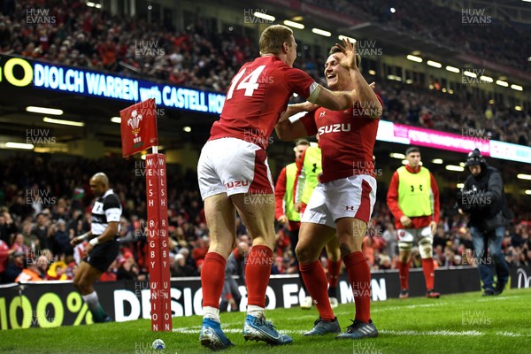 301119 - Wales v Barbarians - International Rugby - Johnny McNicholl of Wales celebrates scoring try with Jarrod Evans