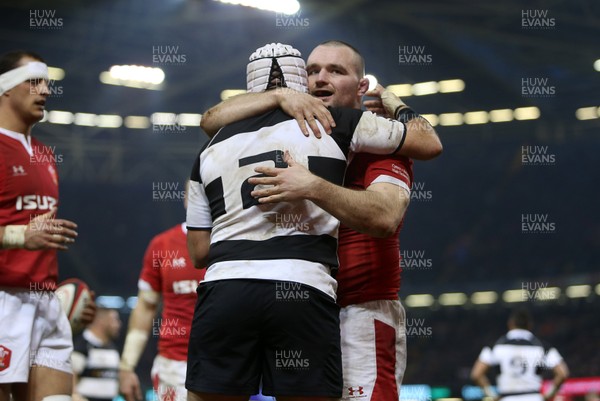 301119 - Wales v Barbarians -  Ken Owens of Wales is congratulated after scoring a try by Rory Best of Barbarians