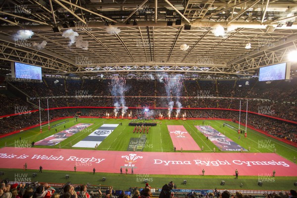 301119 - Wales v Barbarians - Fireworks go off in the Principality Stadium as the teams run out