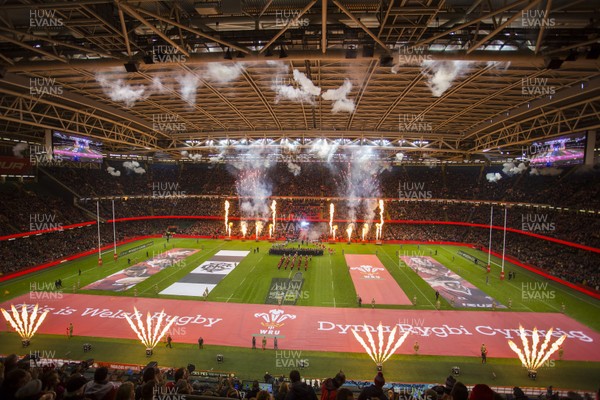 301119 - Wales v Barbarians - Fireworks go off in the Principality Stadium as the teams run out