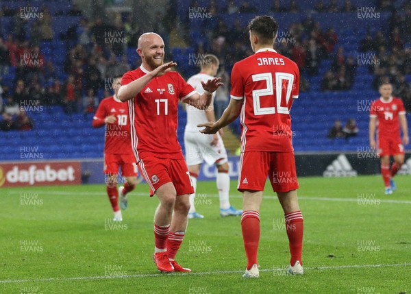090919 - Wales v Belarus, International Challenge Match - Daniel James of Wales celebrates with Jonny Williams of Wales after scoring goal