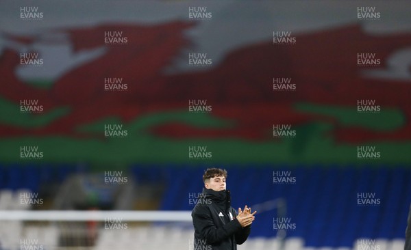 090919 - Wales v Belarus, International Challenge Match - Daniel James of Wales infront of the giant Welsh flag that dominated one of the stands