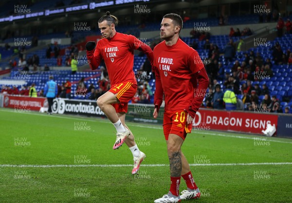 131121 - Wales v Belarus, 2022 World Cup Qualifying Match -  Aaron Ramsey and Gareth Bale of Wales warm up ahead of kick off