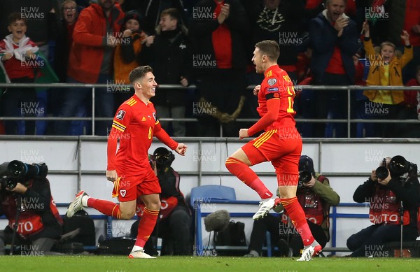 131121 - Wales v Belarus, 2022 World Cup Qualifying Match -  Aaron Ramsey of Wales celebrates scoring goal with Harry Wilson (Left)