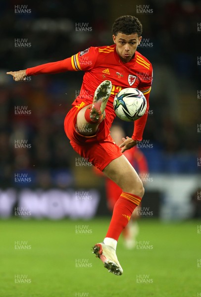 131121 - Wales v Belarus, 2022 World Cup Qualifying Match -  Brennan Johnson of Wales controls the ball