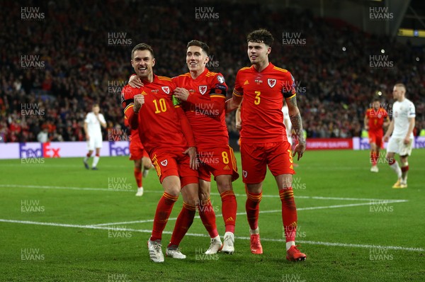 131121 - Wales v Belarus, 2022 World Cup Qualifying Match -  Aaron Ramsey of Wales celebrates his second goal with Harry Wilson (8) and Neco Williams (3)