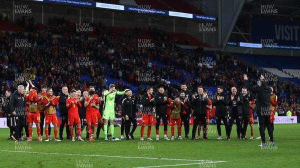 131121 - Wales v Belarus, 2022 World Cup Qualifying Match -  Team mates support Gareth Bale of Wales at the end of the game