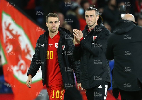 131121 - Wales v Belarus, 2022 World Cup Qualifying Match -  Aaron Ramsey and Gareth Bale of Wales at the end of the game