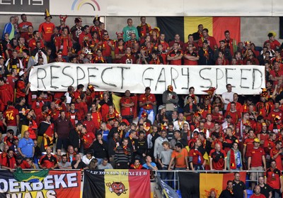 070912 - Wales v Belgium - FIFA 2014 World Cup Qualifying Match -   Belgian fans with a banner dedicated to the late Wales manager Gary Speed 