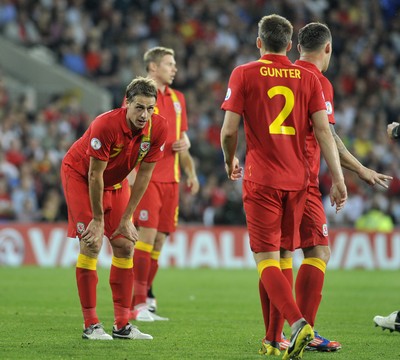 070912 - Wales v Belgium - FIFA 2014 World Cup Qualifying Match -    Reaction from Wales' David Edwards, left, after Belgium's first goal 