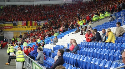 070912 - Wales v Belgium, FIFA 2014 World Cup Qualifying match - The vocal Belgium fans at the same end as plenty of vacant Welsh seats as Wales take on Belgium at the Cardiff City Stadium