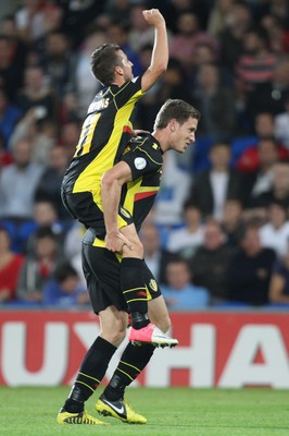 070912 - Wales v Belgium, FIFA 2014 World Cup Qualifying match - Belgium's Jan Vertonghen and Belgium's Dries Mertens celebrate after scoring second goal