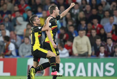 070912 - Wales v Belgium, FIFA 2014 World Cup Qualifying match - Belgium's Jan Vertonghen and Belgium's Dries Mertens celebrate after scoring second goal