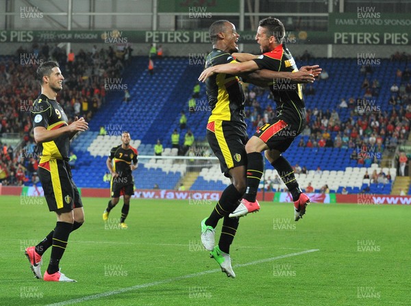 070912 - Wales v Belgium - FIFA 2014 World Cup Qualifying Match -   Belgiums Vincent Kompany, centre, celebrates scoring with Belgium's Dries Mertens 