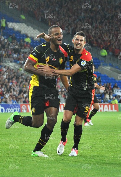 070912 - Wales v Belgium - FIFA 2014 World Cup Qualifying Match -   Belgium's Vincent Kompany, left, celebrates scoring with team mate Kevin Mirallas 