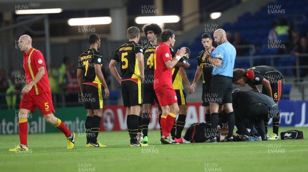 070912 - Wales v Belgium, FIFA 2014 World Cup Qualifying match - Wales' Gareth Bale remonstrates with referee after Wales' James Collins (left) is shown the red card