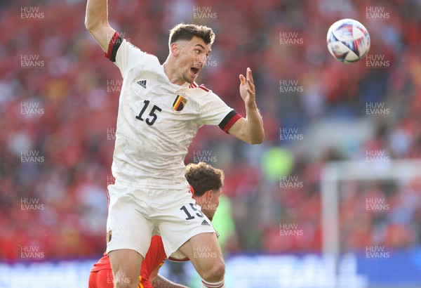 110622 - Wales v Belgium, UEFA Nations League - Thomas Meunier of Belgium heads the ball forward