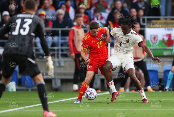 110622 - Wales v Belgium, UEFA Nations League -  Dan James of Wales is challenged by Dedryck Boyata of Belgium