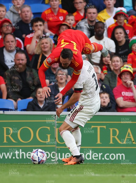 110622 - Wales v Belgium, UEFA Nations League -  Connor Roberts of Wales is upended by Arthur Theate of Belgium