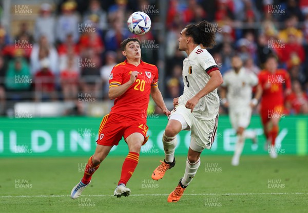 110622 - Wales v Belgium, UEFA Nations League -  Dan James of Wales takes on Arthur Theate of Belgium