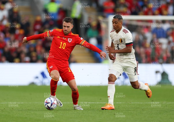 110622 - Wales v Belgium, UEFA Nations League -  Aaron Ramsey of Wales gets away from Youri Tielemans of Belgium