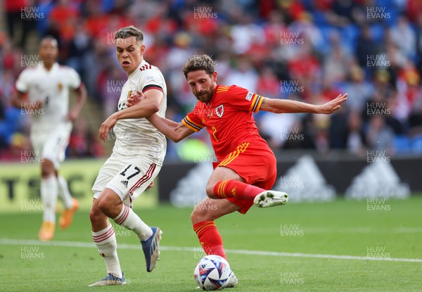 110622 - Wales v Belgium, UEFA Nations League -  Joe Allen of Wales is challenged by Leandro Trossard of Belgium