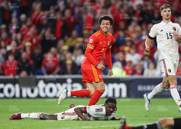 110622 - Wales v Belgium, UEFA Nations League -  Brennan Johnson of Wales wheels away to celebrate after scoring goal