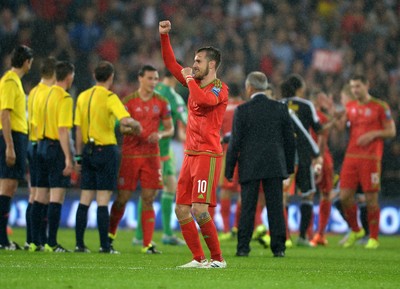 120615 - Wales v Belgium - UEFA European Championship 2016 Qualifier -Aaron Ramsey of Wales celebrates at the end of the game
