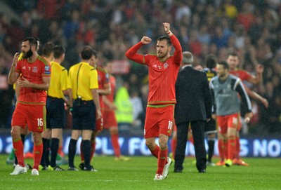 120615 - Wales v Belgium - UEFA European Championship 2016 Qualifier -Aaron Ramsey of Wales celebrates at the end of the game