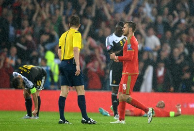 120615 - Wales v Belgium - UEFA European Championship 2016 Qualifier -Aaron Ramsey of Wales celebrates at the final whistle