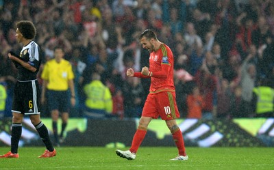 120615 - Wales v Belgium - UEFA European Championship 2016 Qualifier -Aaron Ramsey of Wales celebrates at the final whistle
