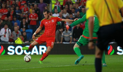 120615 - Wales v Belgium - UEFA European Qualifier - Gareth Bale of Wales scores the first goal of the game