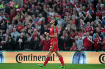 120615 - Wales v Belgium - UEFA European Qualifier - Gareth Bale of Wales looks up to the gods after scoring the first goal
