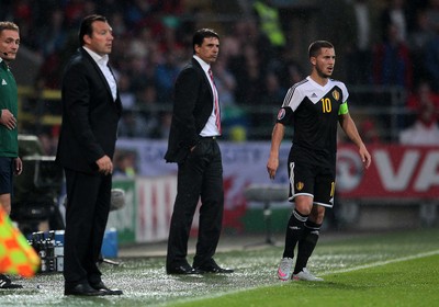 120615 - Wales v Belgium - UEFA European Qualifier - Belgium Manager Marc Wilmots, Wales manager Chris Coleman and Eden Hazard of Belgium