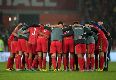 120615 - Wales v Belgium - UEFA European Qualifier - Wales team huddle at full time