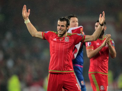 120615 - Wales v Belgium - UEFA European Qualifier - Gareth Bale of Wales celebrates at full time